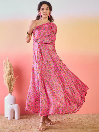 Pink Floral Print Flared Maxi Dress