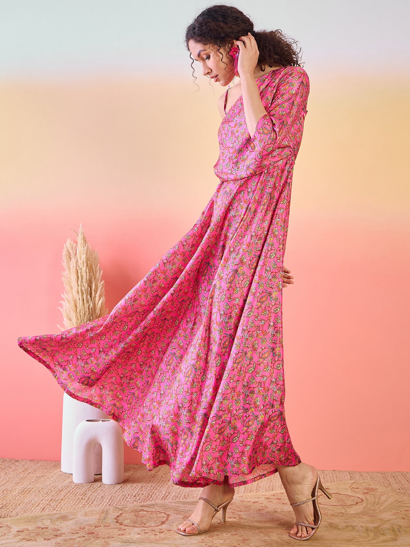 Pink Floral Print Flared Maxi Dress