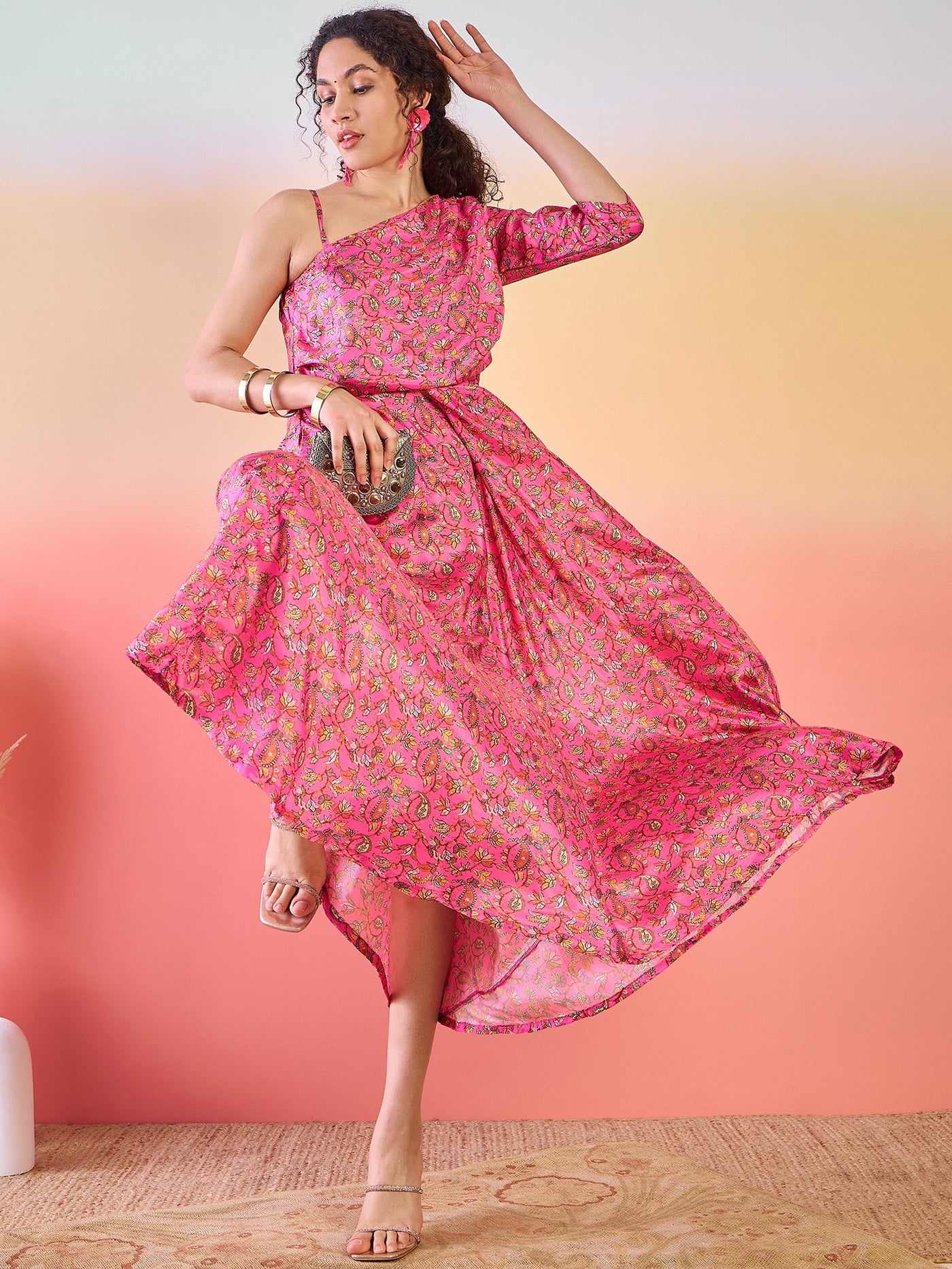 Pink Floral Print Flared Maxi Dress