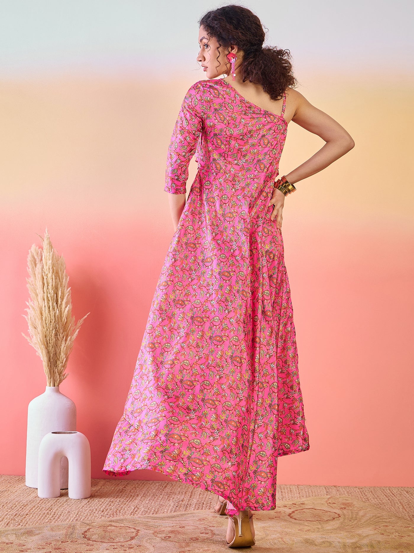 Pink Floral Print Flared Maxi Dress