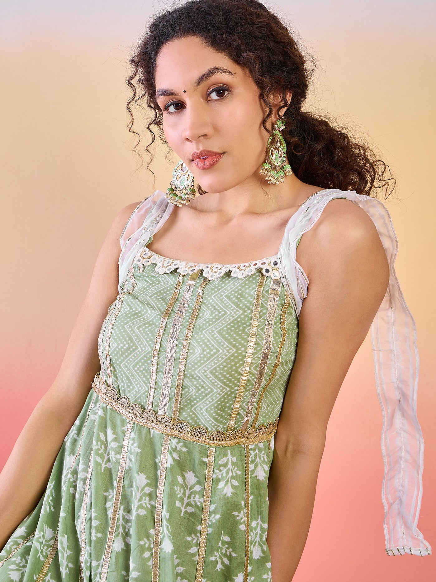 Pastel Green Printed Anarkali With Lace Details