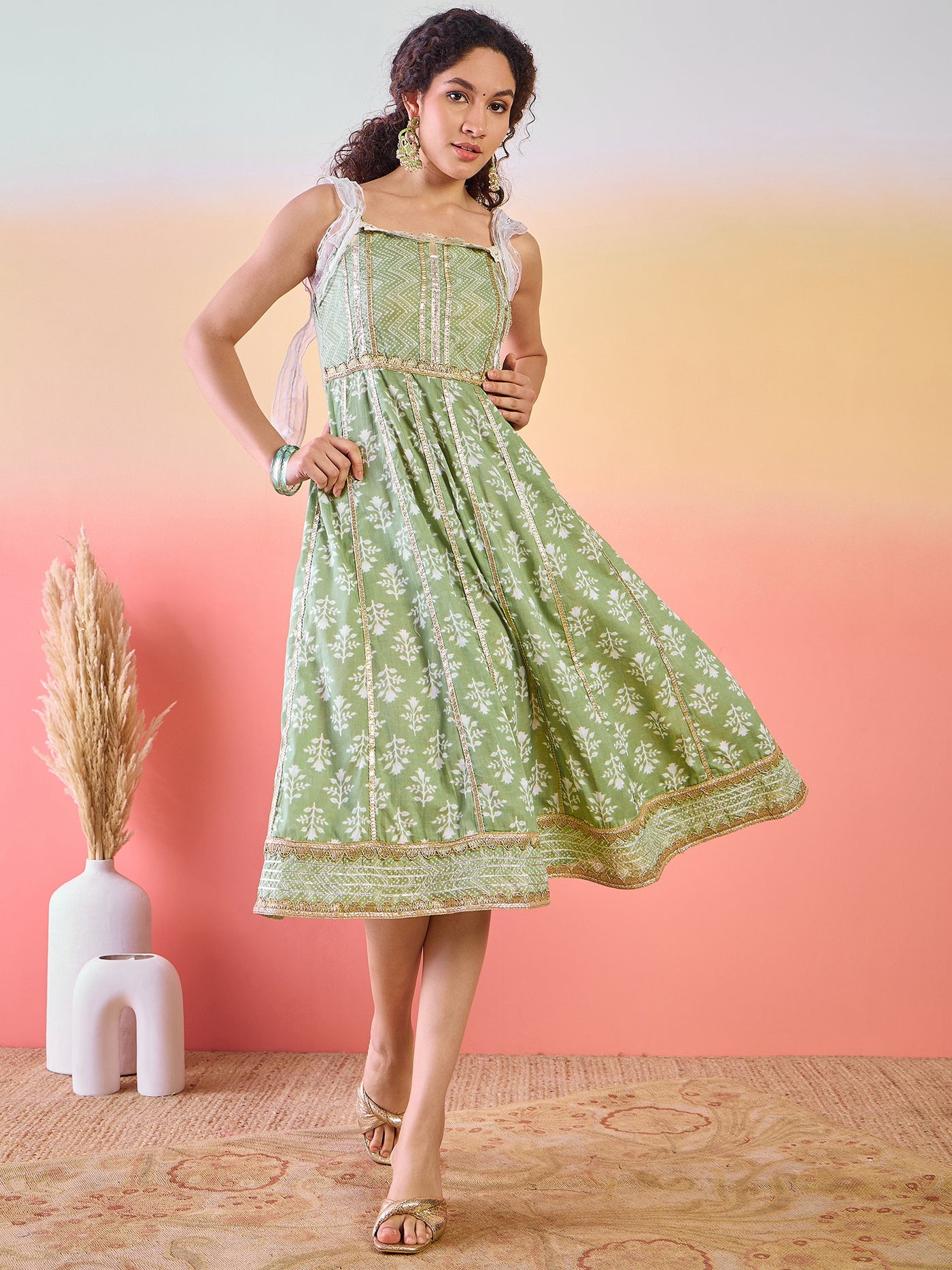 Pastel Green Printed Anarkali With Lace Details