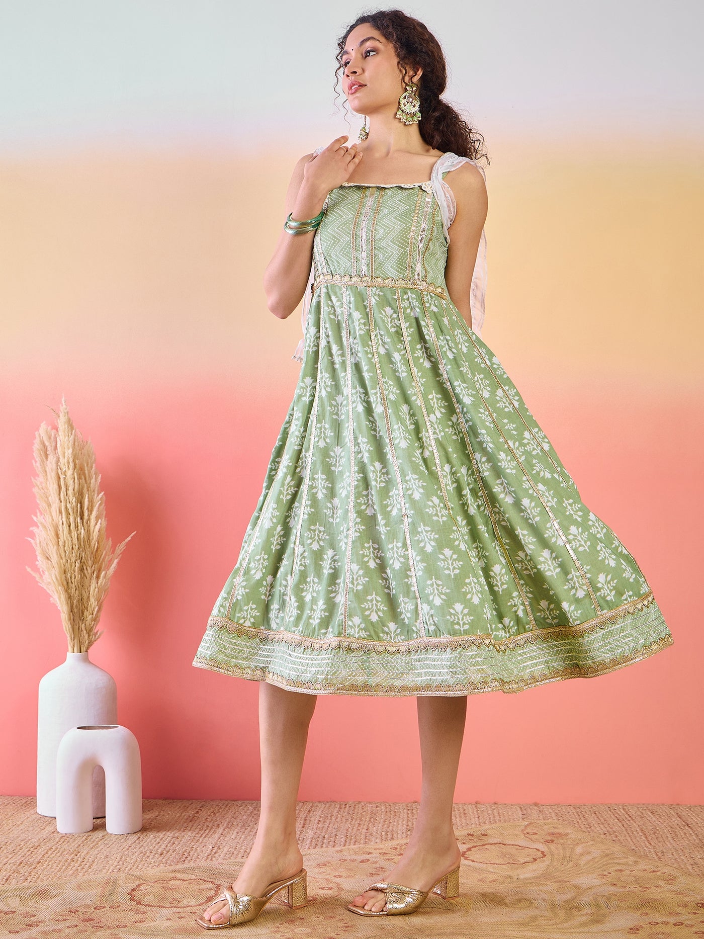 Pastel Green Printed Anarkali With Lace Details