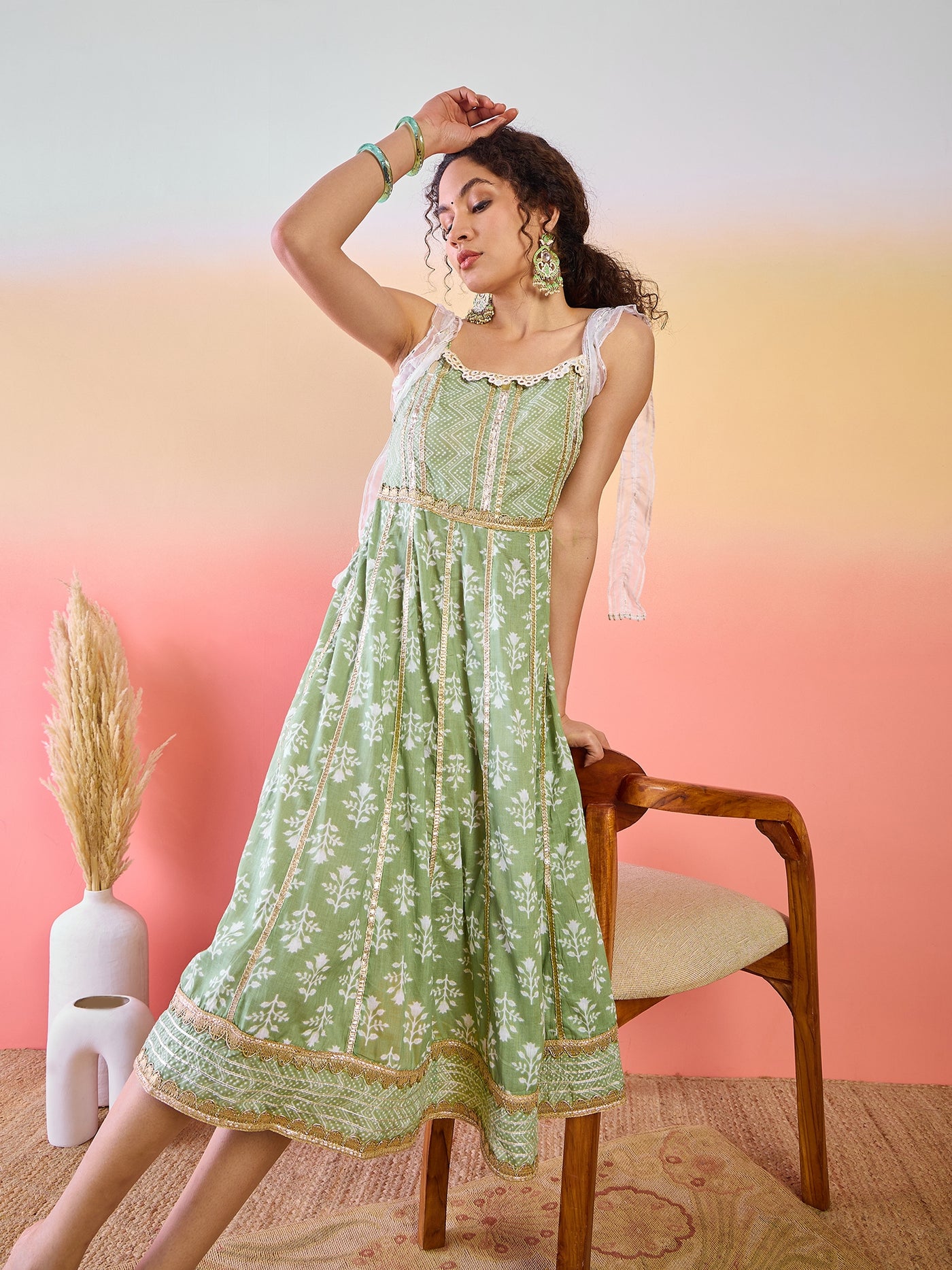 Pastel Green Printed Anarkali With Lace Details