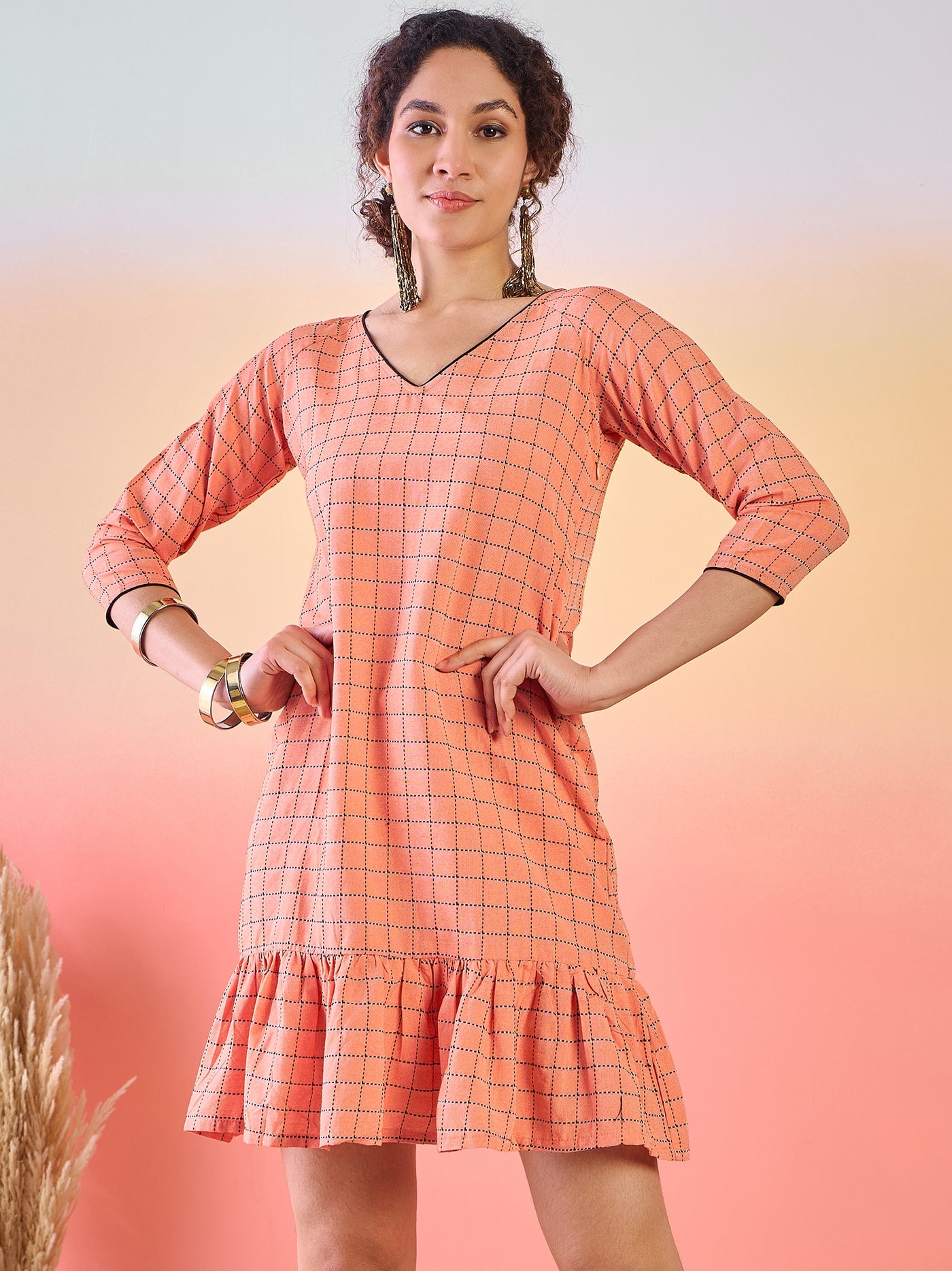 Peach Woven Design Mini Dress