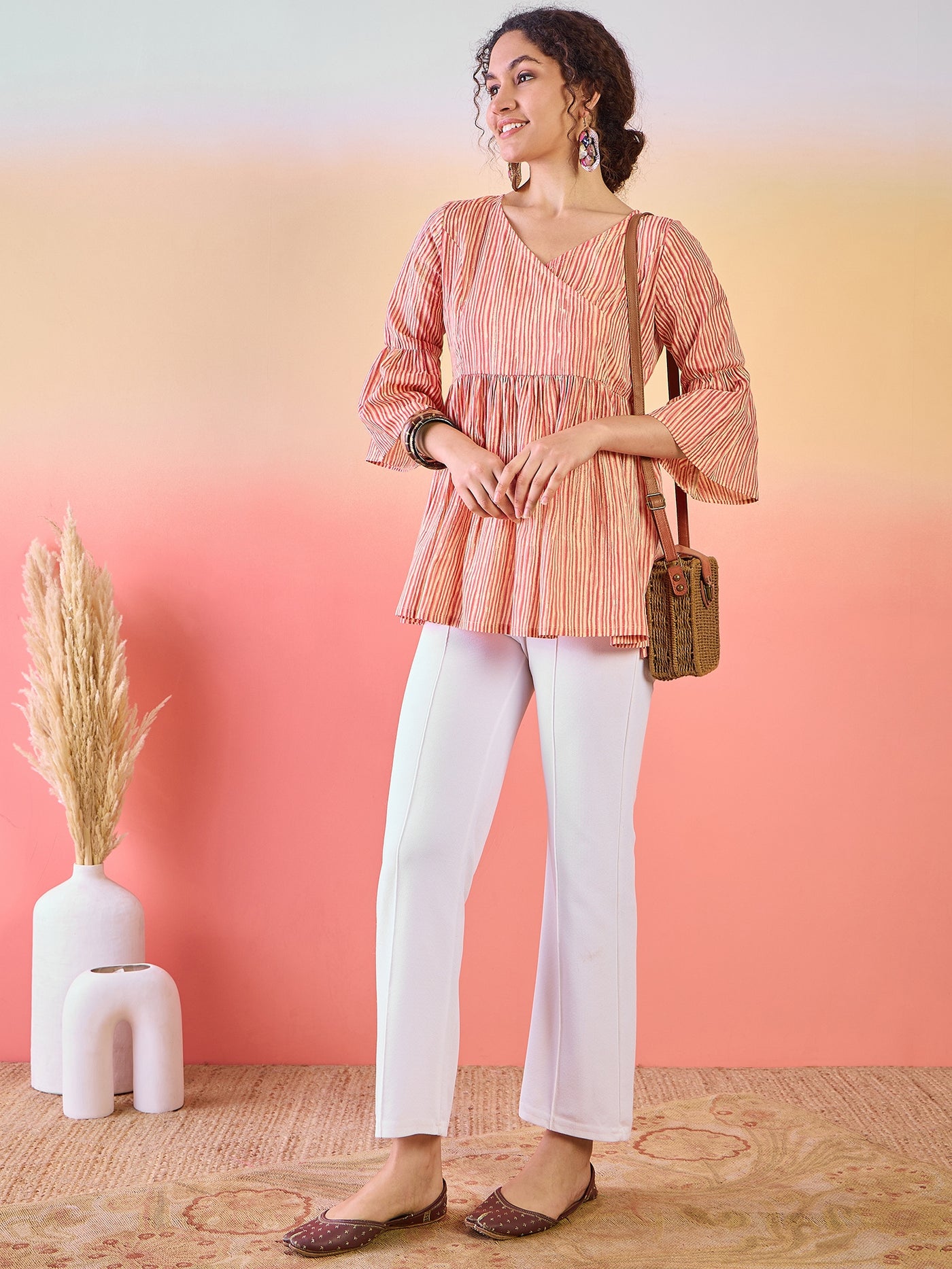 Cream & Rust Striped Gathered Tunic