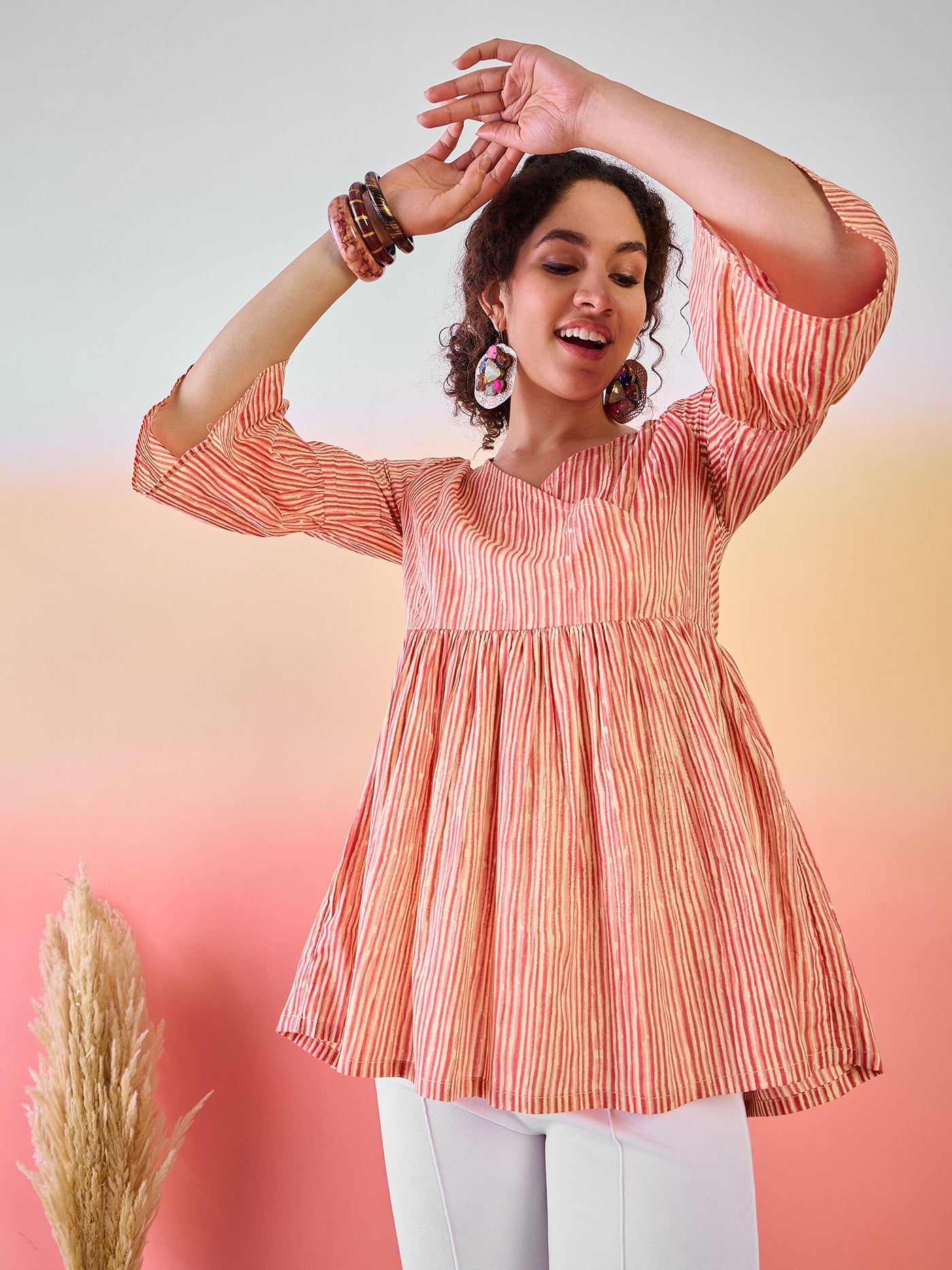 Cream & Rust Striped Gathered Tunic