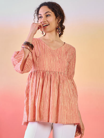 Cream & Rust Striped Gathered Tunic