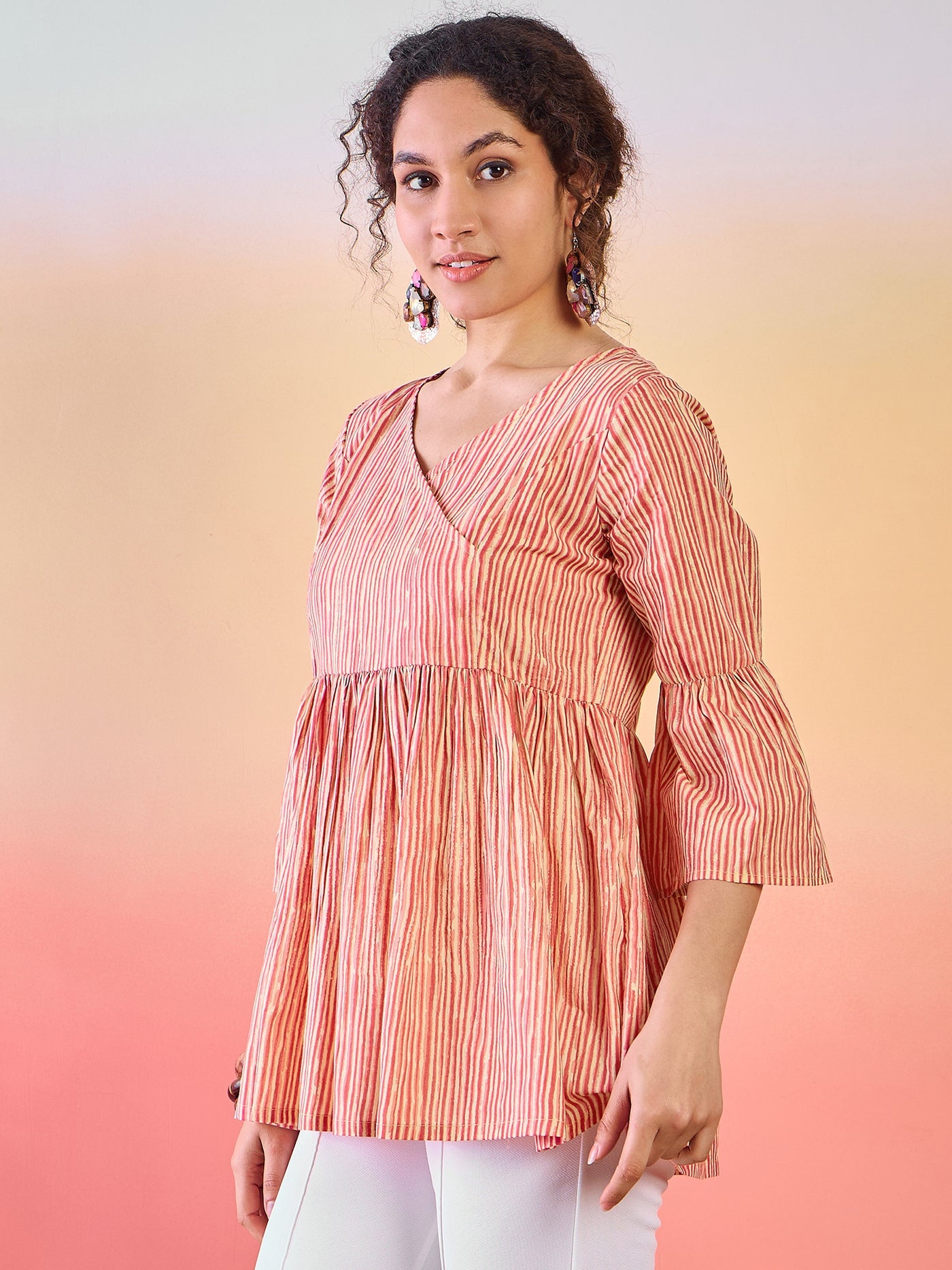 Cream & Rust Striped Gathered Tunic