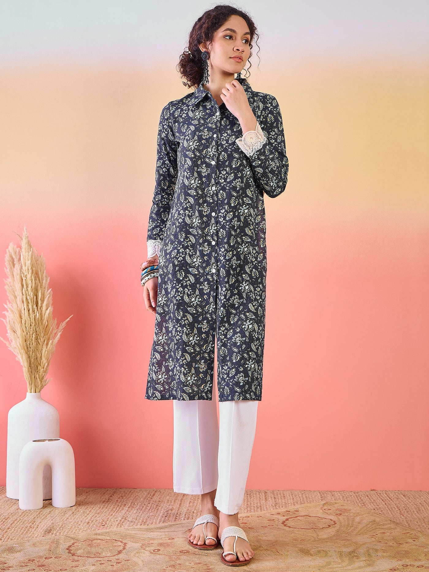 Navy Blue Cropped Kurta with Collar