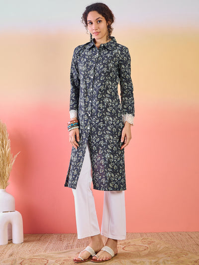 Navy Blue Cropped Kurta with Collar