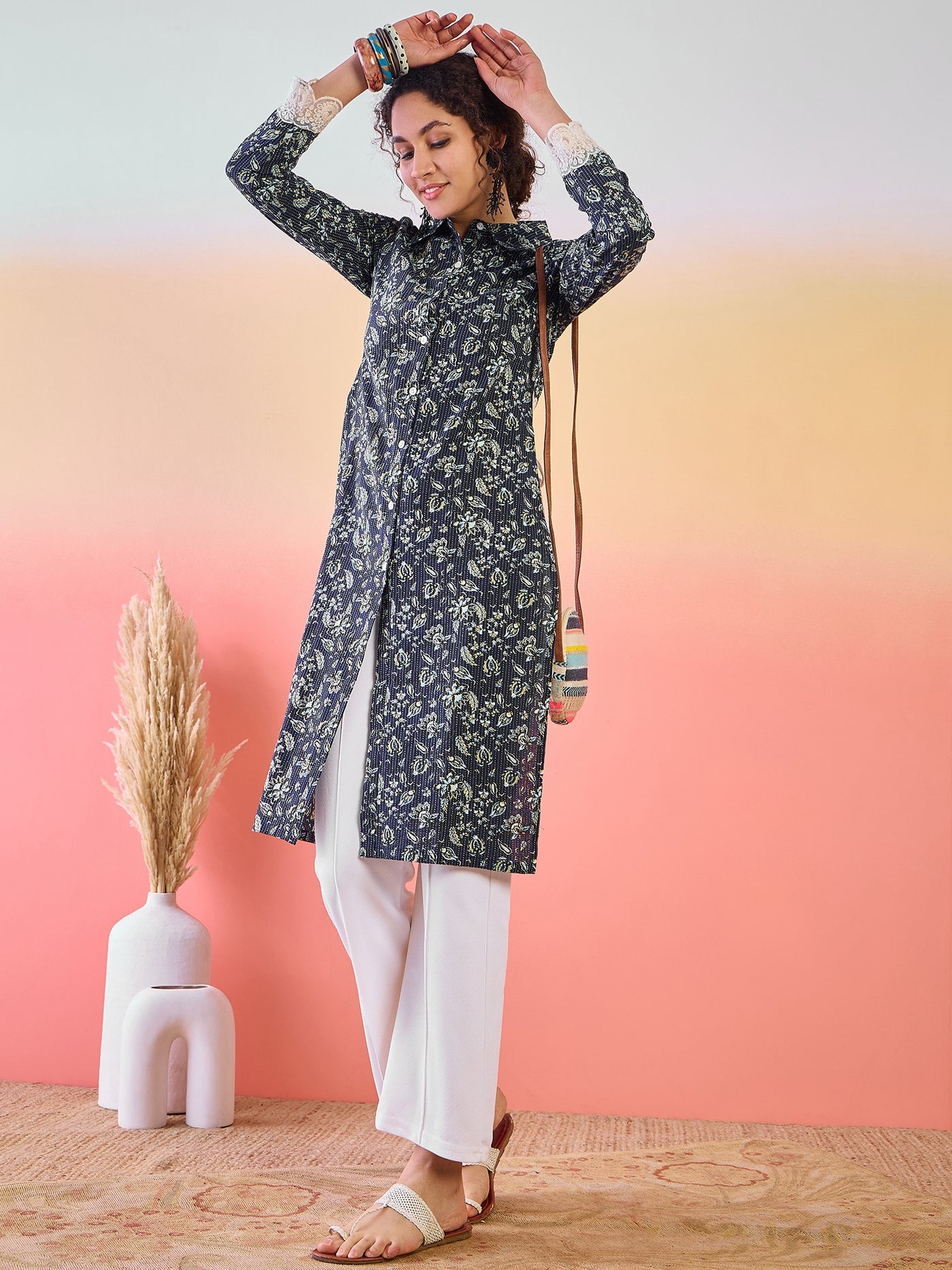 Navy Blue Cropped Kurta with Collar