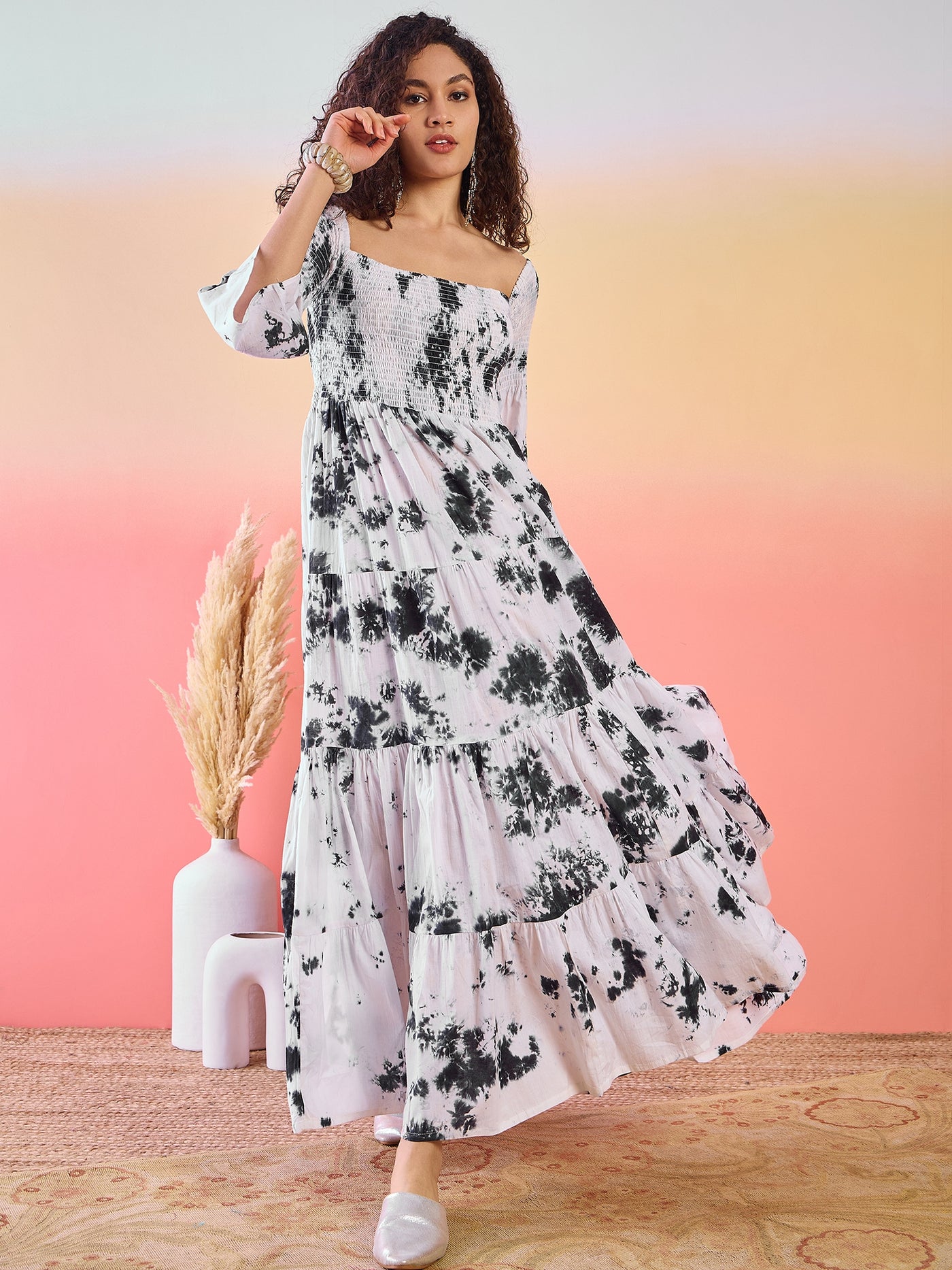 White Tie & Dye Off-Shoulder Tiered Maxi Dress