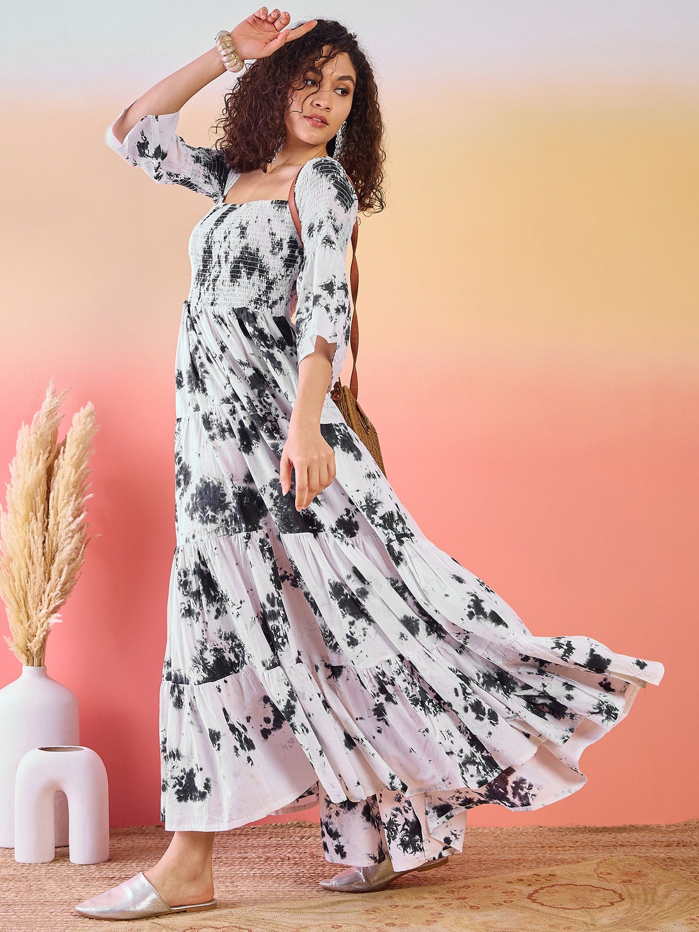 White Tie & Dye Off-Shoulder Tiered Maxi Dress