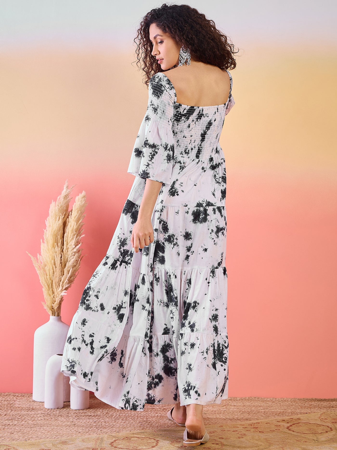 White Tie & Dye Off-Shoulder Tiered Maxi Dress