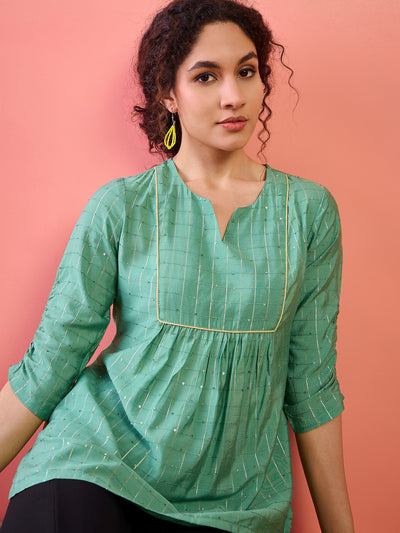 Green Tunic With Ruching Sleeve