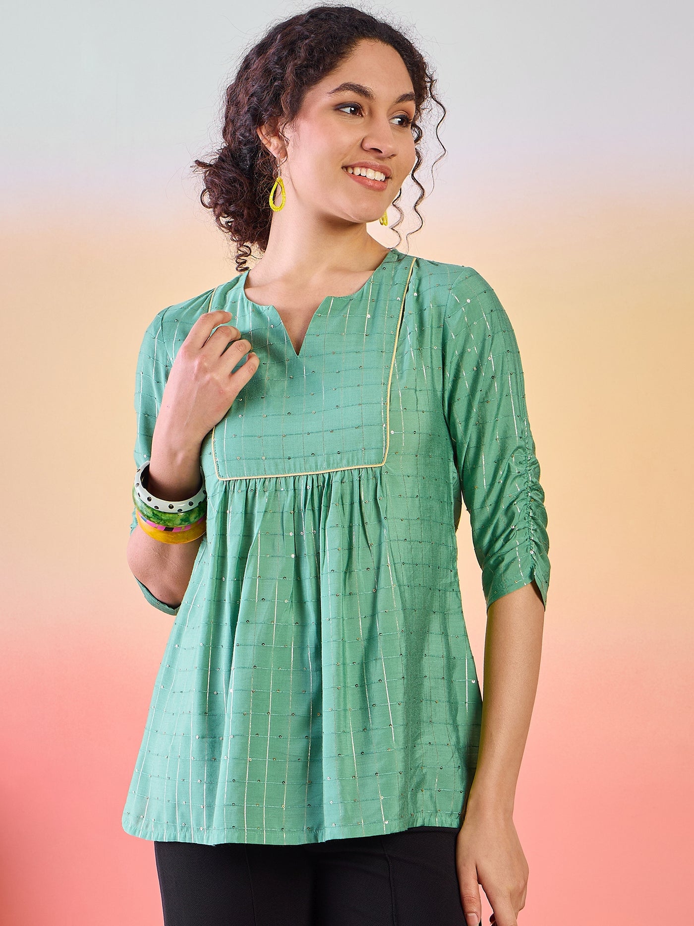 Green Tunic With Ruching Sleeve