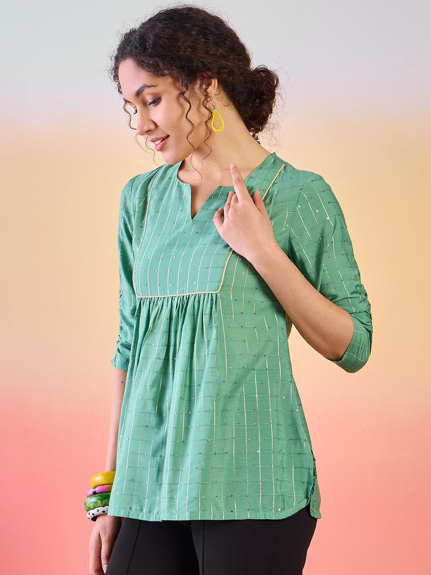 Green Tunic With Ruching Sleeve