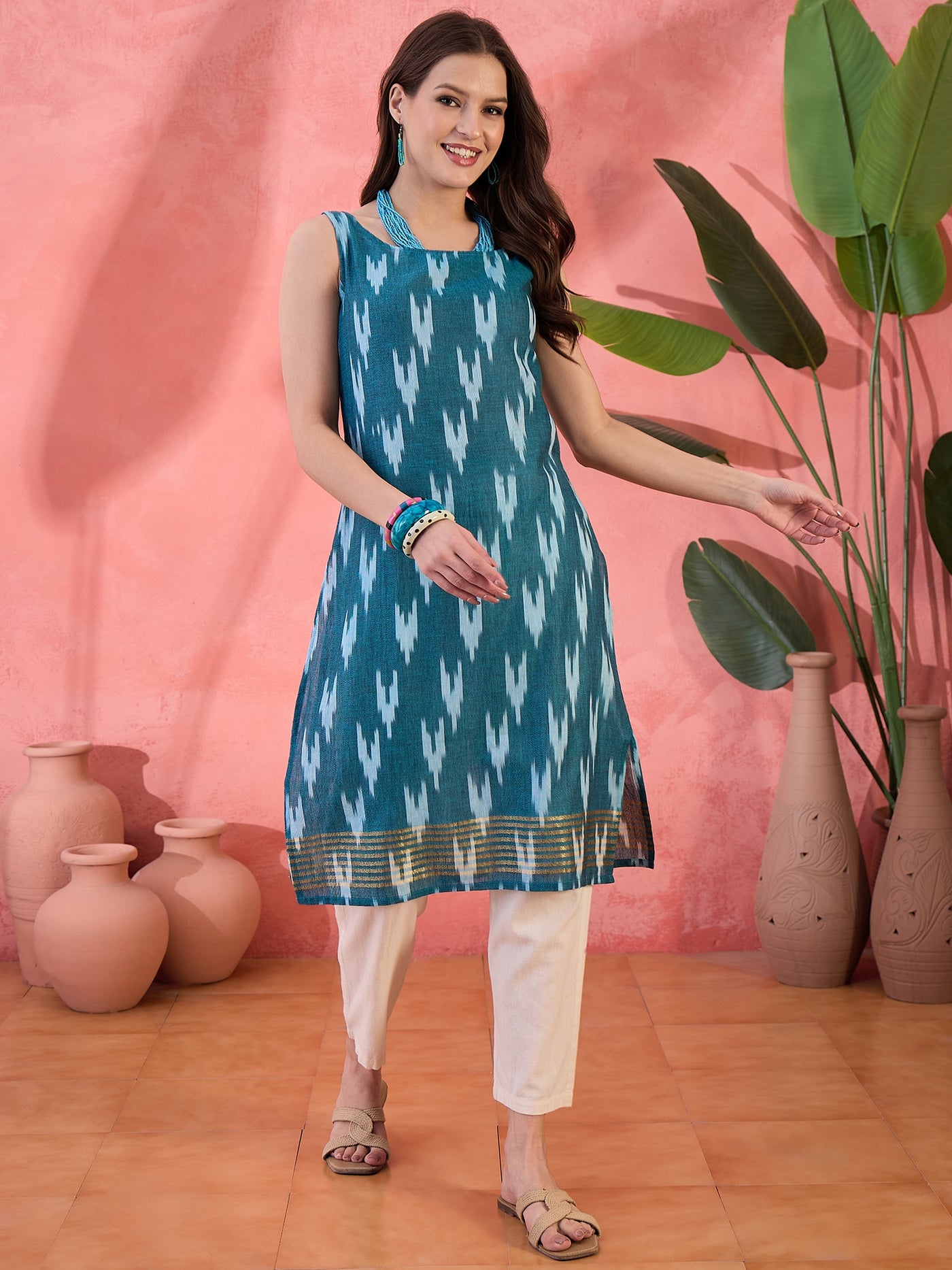 Blue Ikat Print Sleeveless Kurta