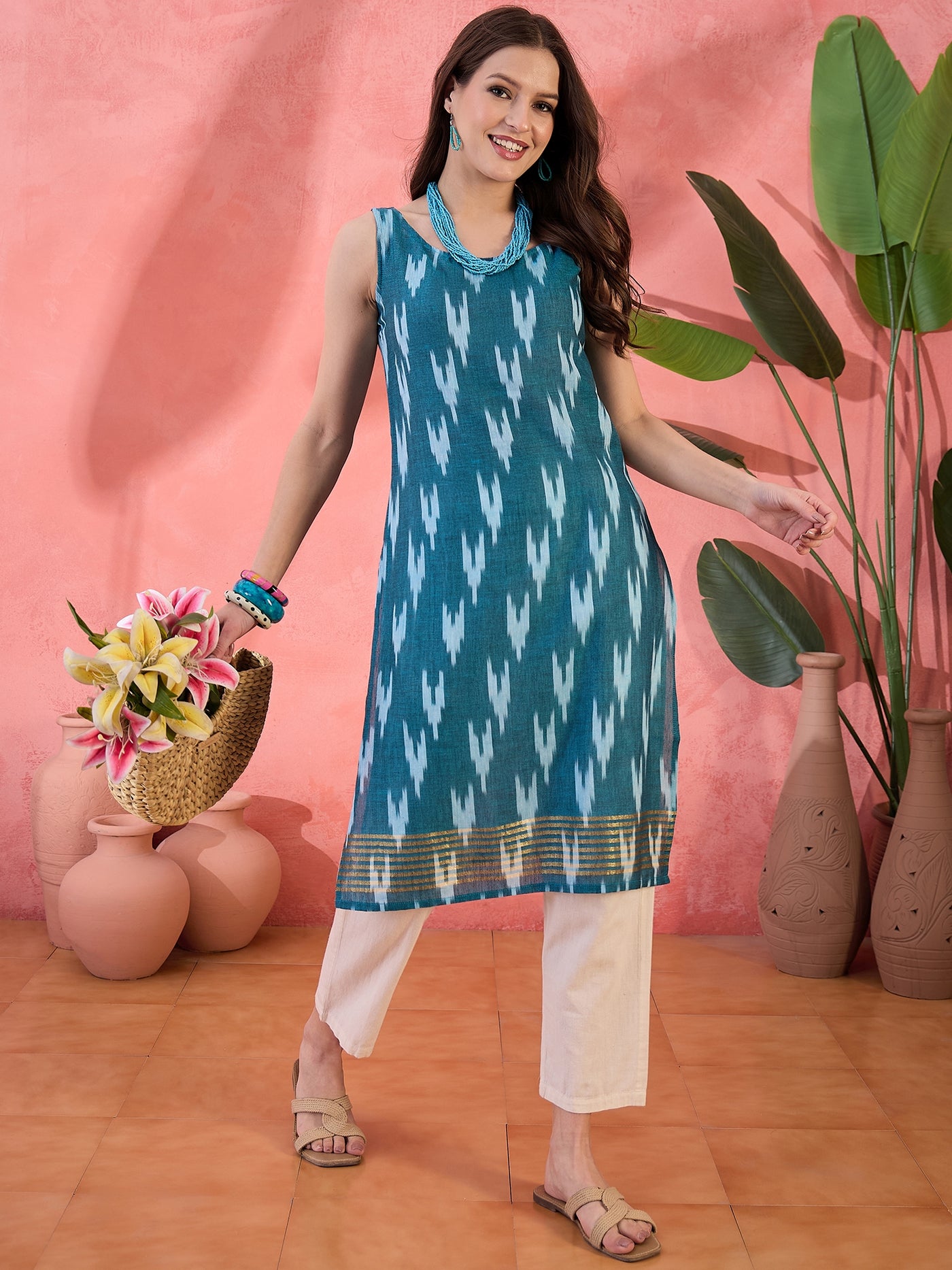 Blue Ikat Print Sleeveless Kurta