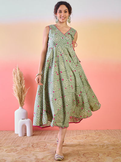 Pastel Green Bandhani Print Midi Dress