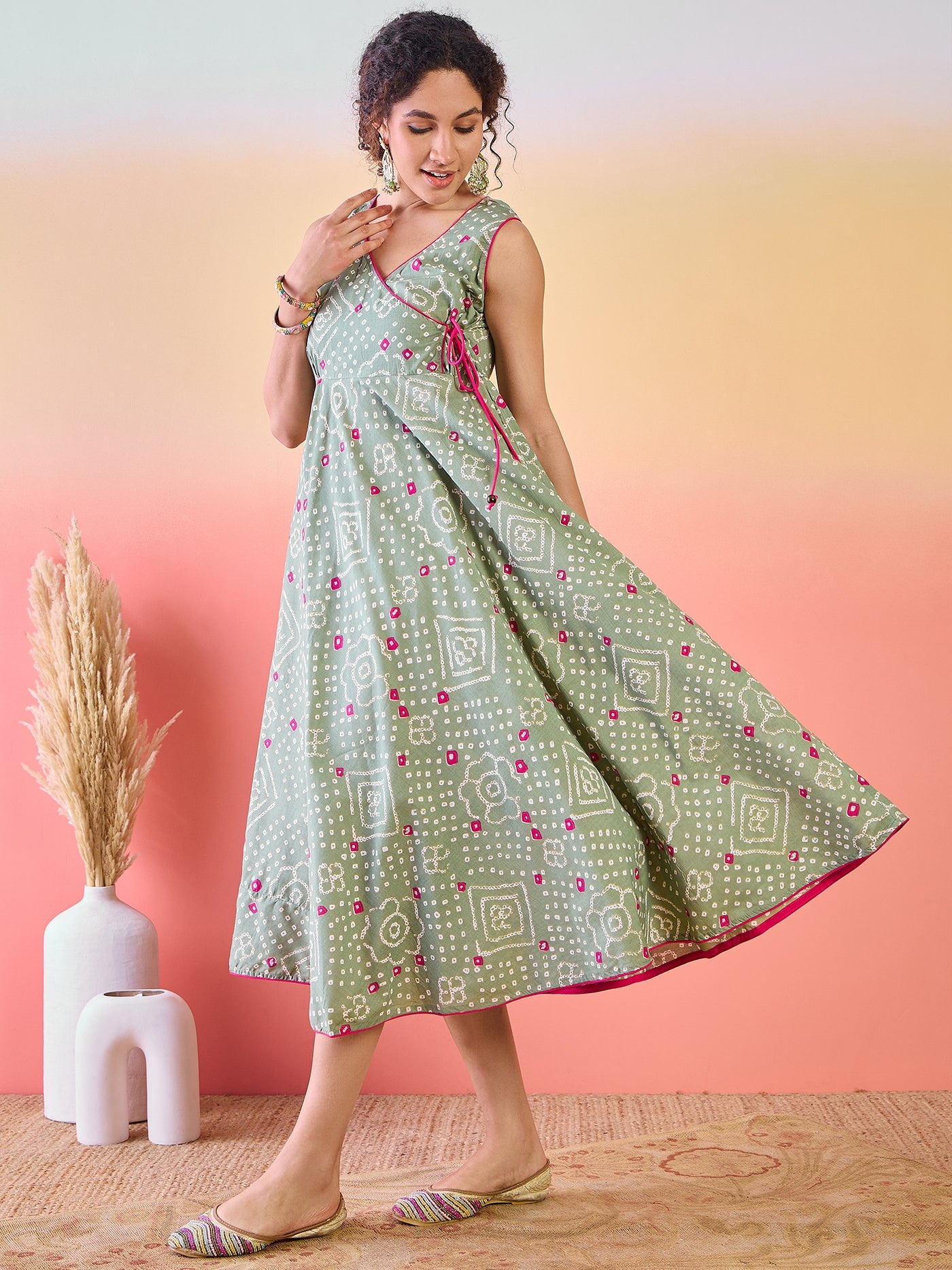 Pastel Green Bandhani Print Midi Dress