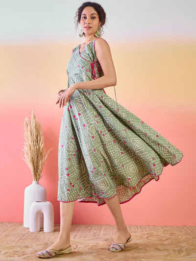 Pastel Green Bandhani Print Midi Dress