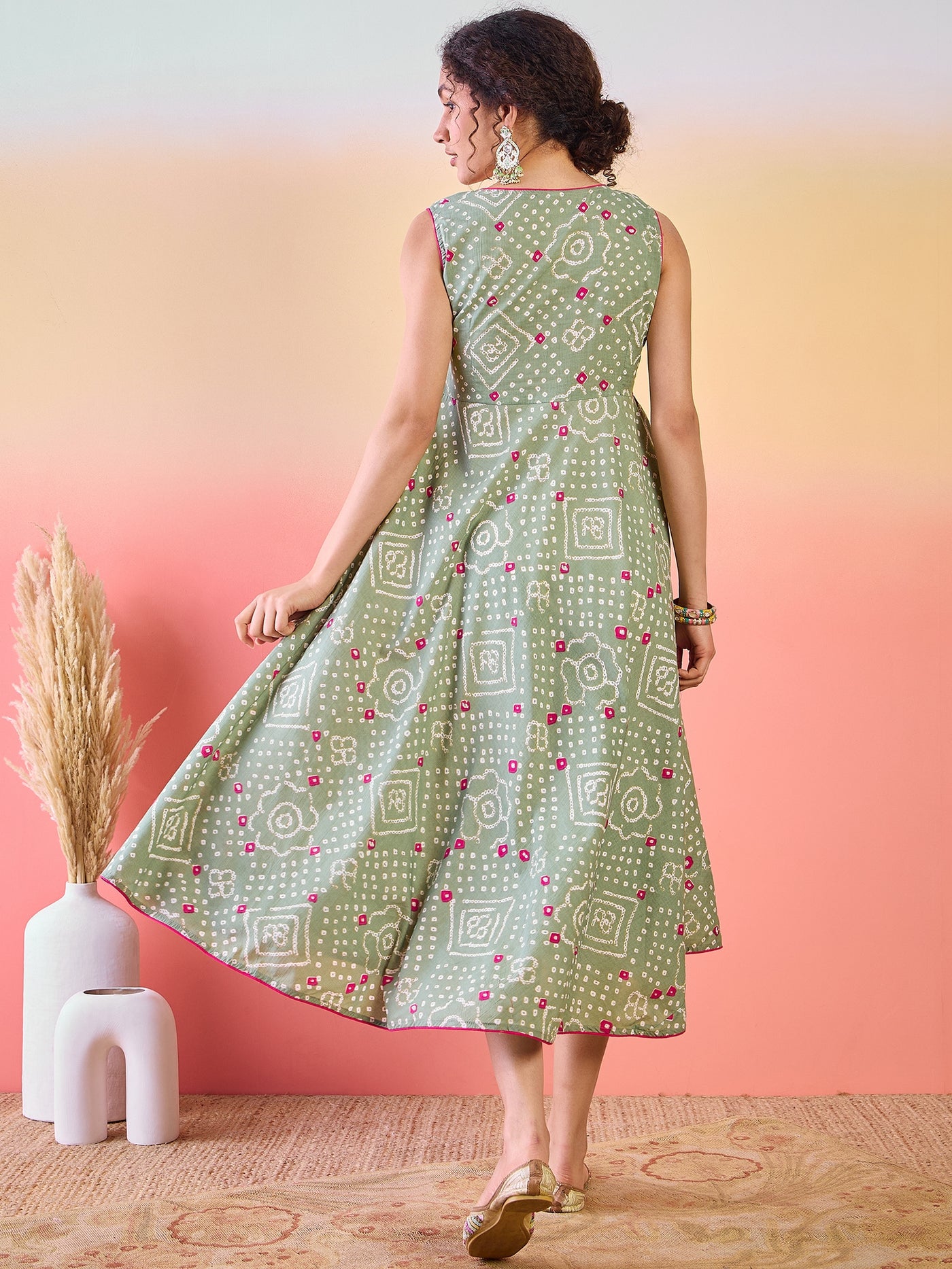 Pastel Green Bandhani Print Midi Dress