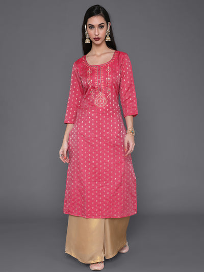 Pink Dobby Designed Embroidered Kurta