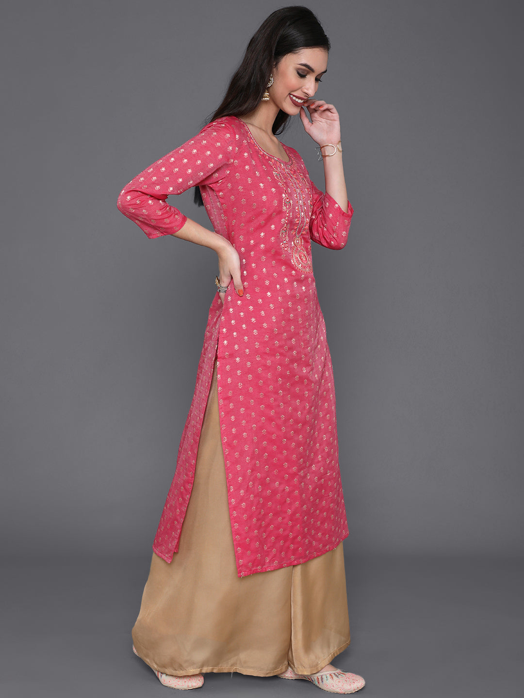 Pink Dobby Designed Embroidered Kurta