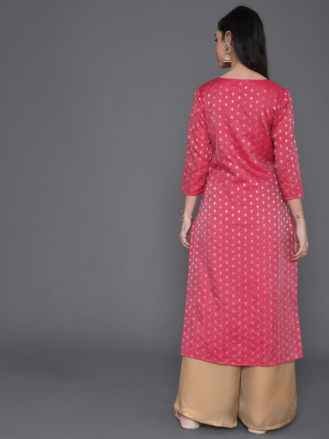 Pink Dobby Designed Embroidered Kurta