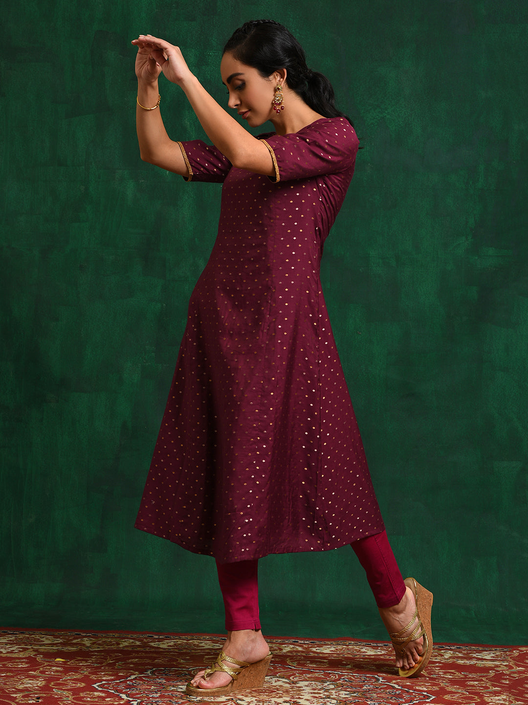 Burgundy Dobby Woven Design A-Line Kurta