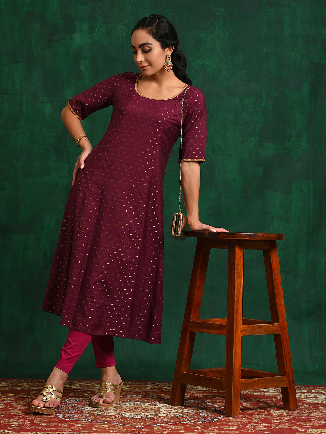 Burgundy Dobby Woven Design A-Line Kurta