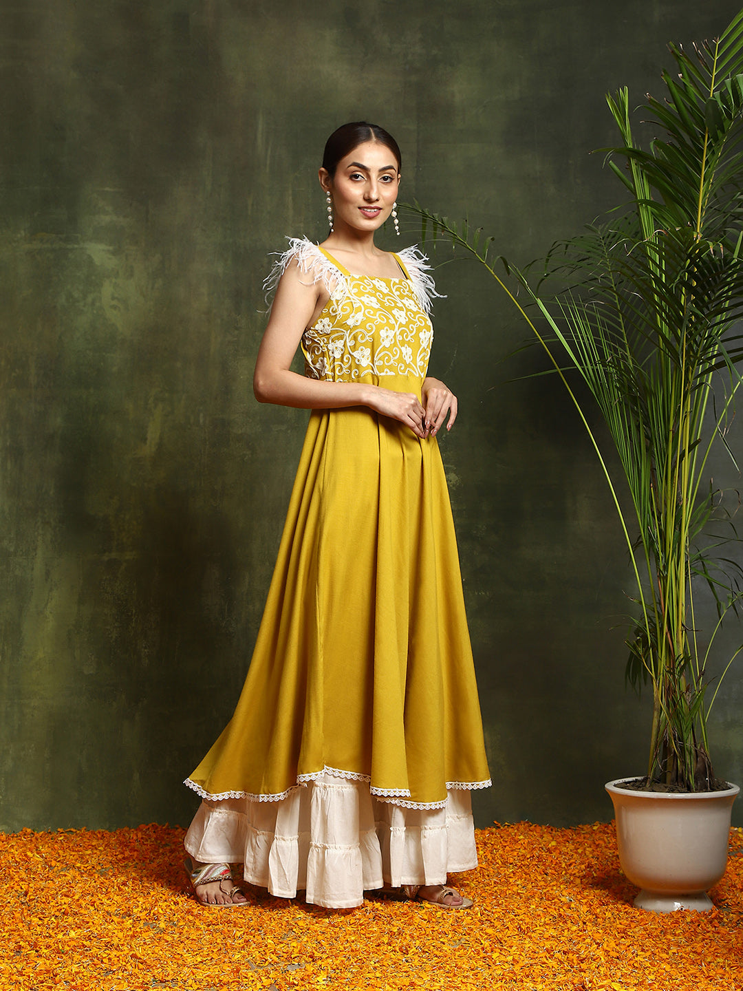 Yellow Embroidered A-Line Kurta