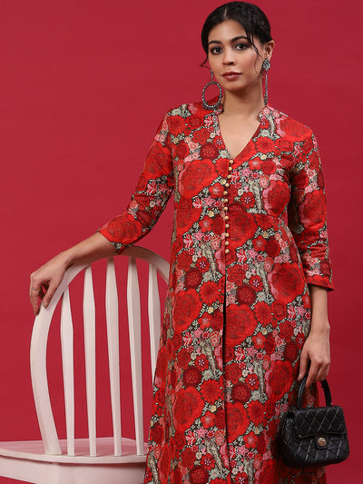 Red Floral Print A-Line Kurta