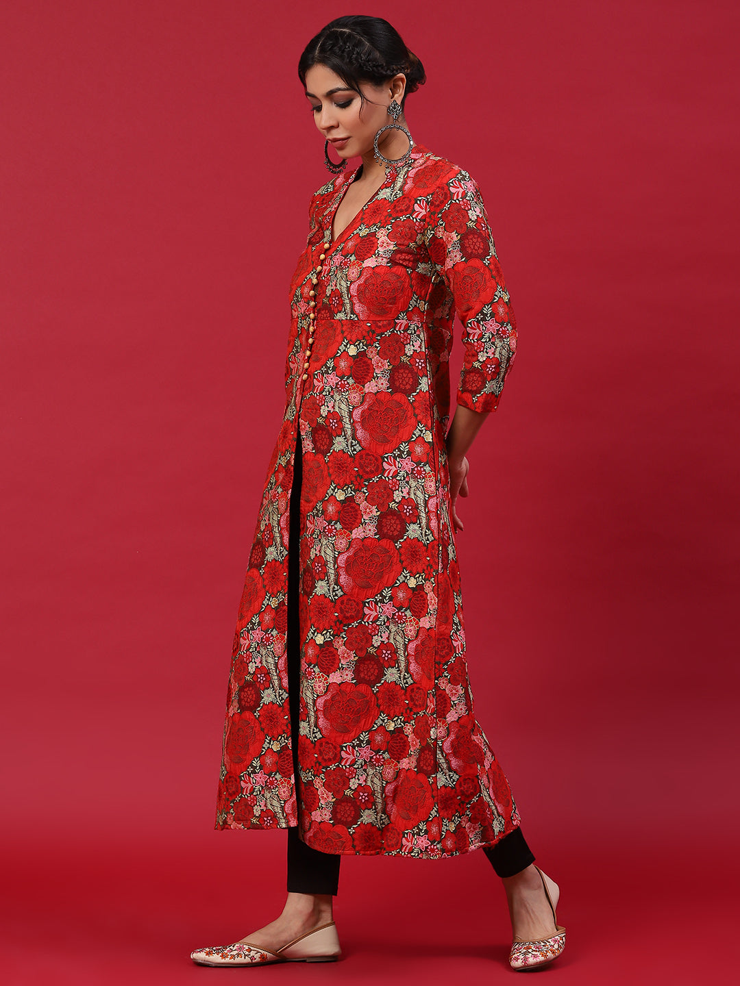 Red Floral Print A-Line Kurta