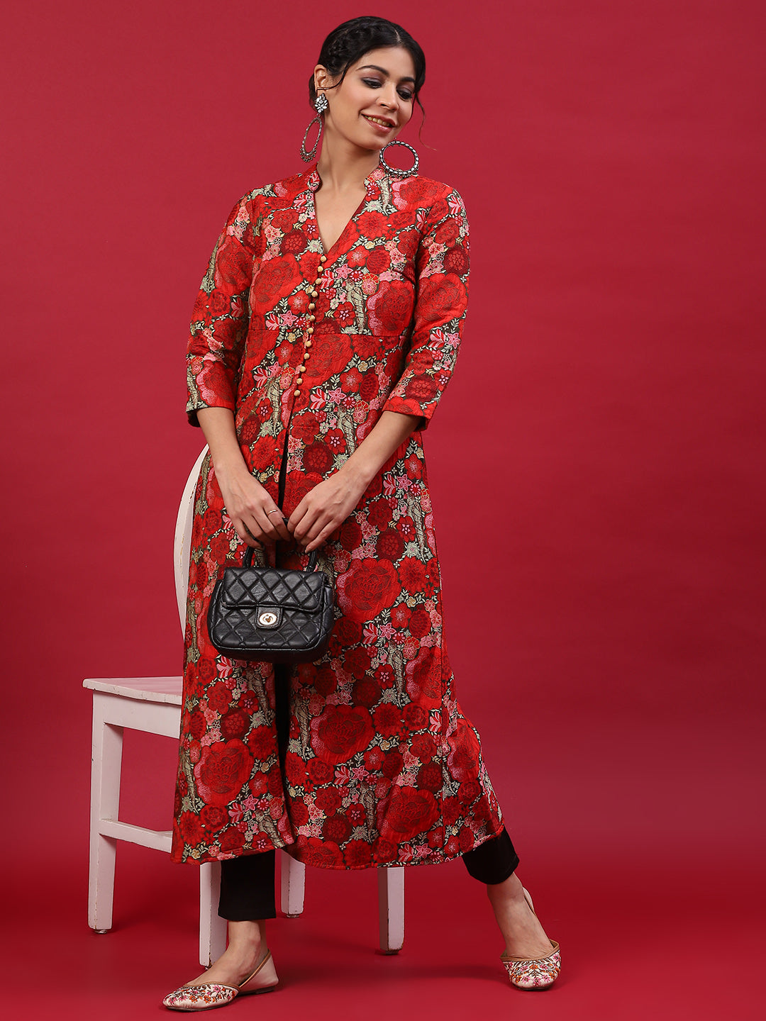 Red Floral Print A-Line Kurta