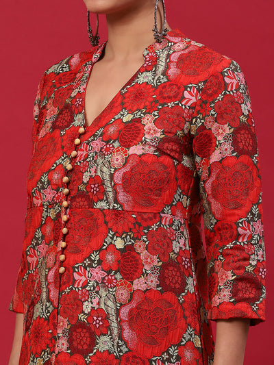 Red Floral Print A-Line Kurta