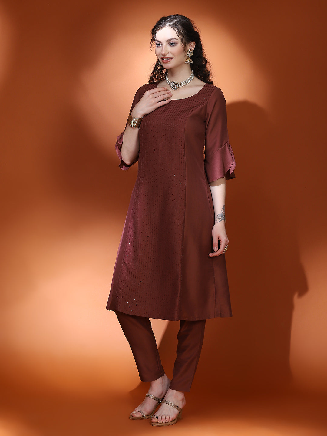 Brown Sequin A-Line Kurta With Pant