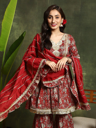 Maroon Floral Print Kurta Sharara With Dupatta