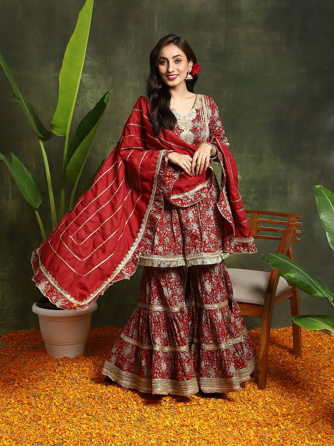 Maroon Floral Print Kurta Sharara With Dupatta