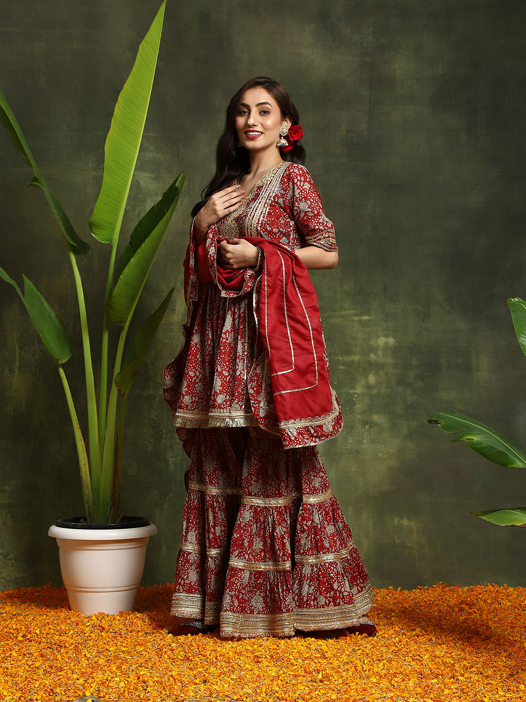 Maroon Floral Print Kurta Sharara With Dupatta