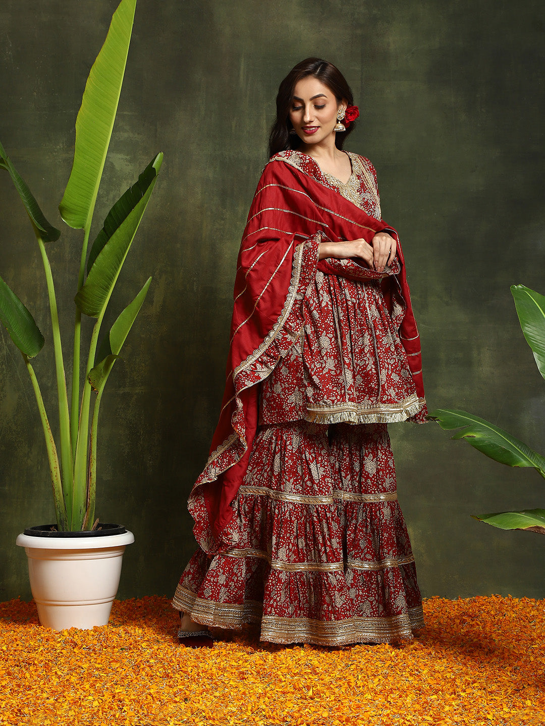 Maroon Floral Print Kurta Sharara With Dupatta