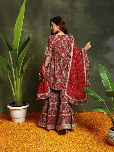 Maroon Floral Print Kurta Sharara With Dupatta