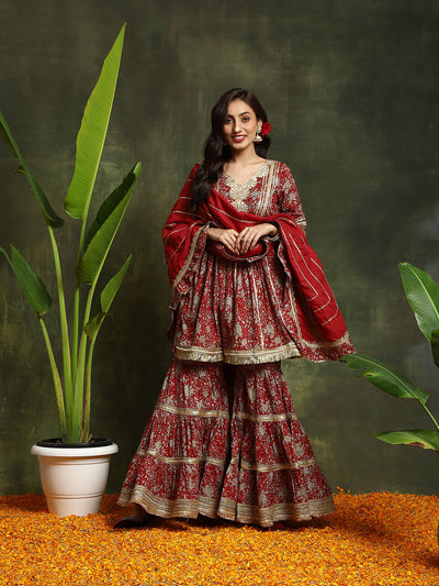 Maroon Floral Print Kurta Sharara With Dupatta