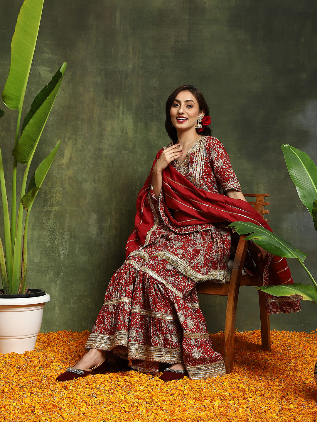 Maroon Floral Print Kurta Sharara With Dupatta