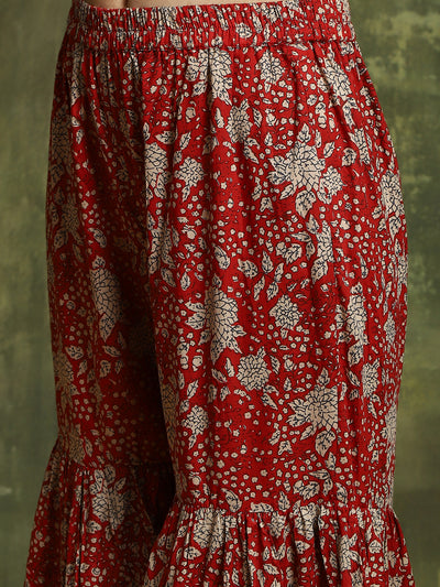 Maroon Floral Print Kurta Sharara With Dupatta