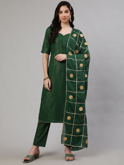 Green Embellished Alia-Cut Kurta Pant With Dupatta