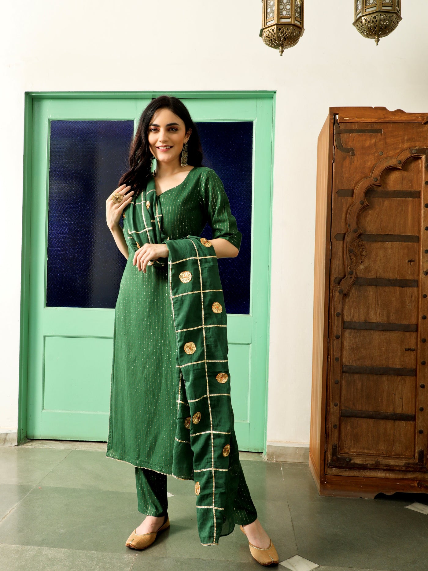 Green Embellished Alia-Cut Kurta Pant With Dupatta