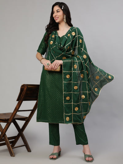 Green Embellished Alia-Cut Kurta Pant With Dupatta